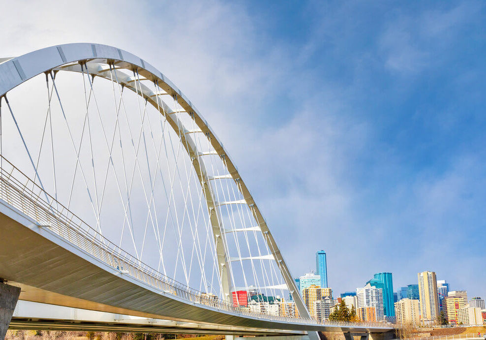Iconic Walterdale Bridge across the Saskatchewan River leading to downtown Edmonton, Alberta, Canada.